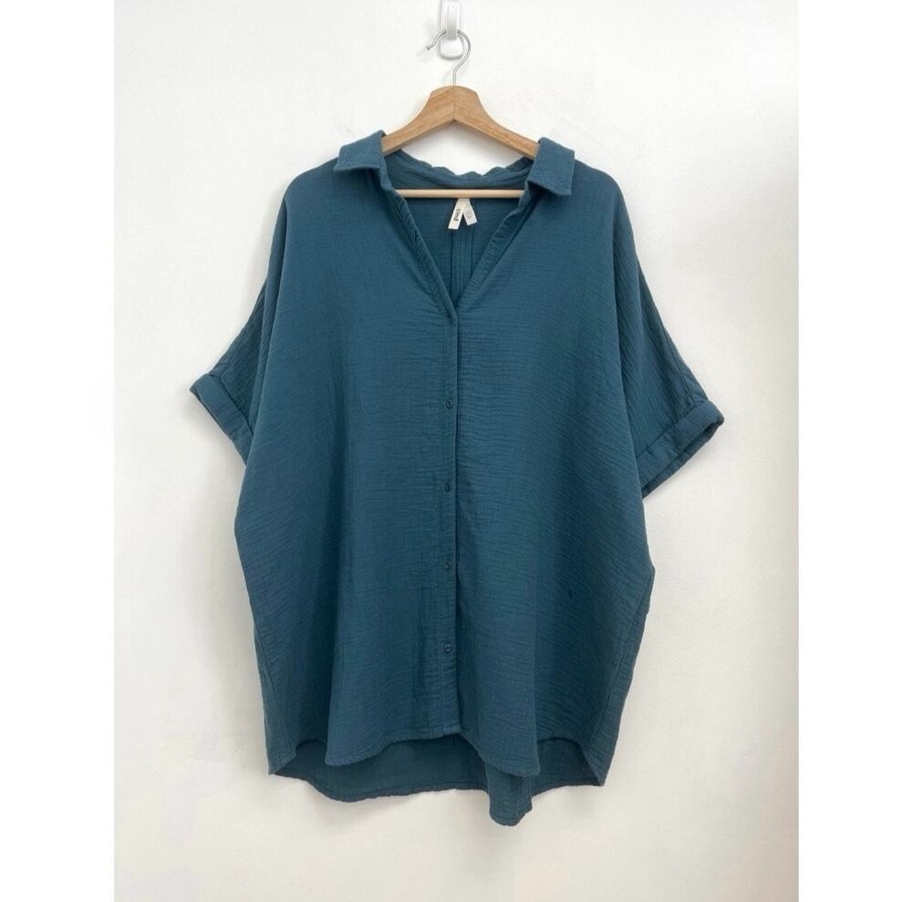 Relaxed Button-Front Blouse in Teal - Women's Top